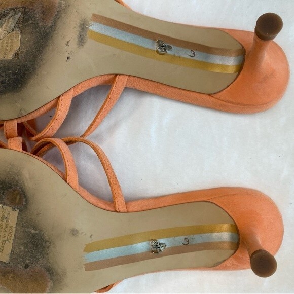 Sam Edelman Jedda Gold Logo Designer Melon Leather Suede Strappy Heels SZ 6 - Picture 11 of 13